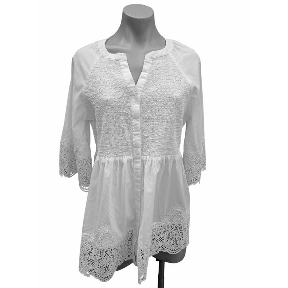 Alessa W Womens White Smocked Lace Peasant Tunic Blouse 3/4 Sleeve Size 6 Fairy - Picture 1 of 14